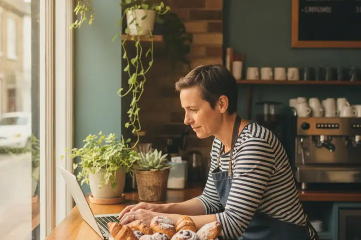 A café owner checking a laptop on a wooden counter