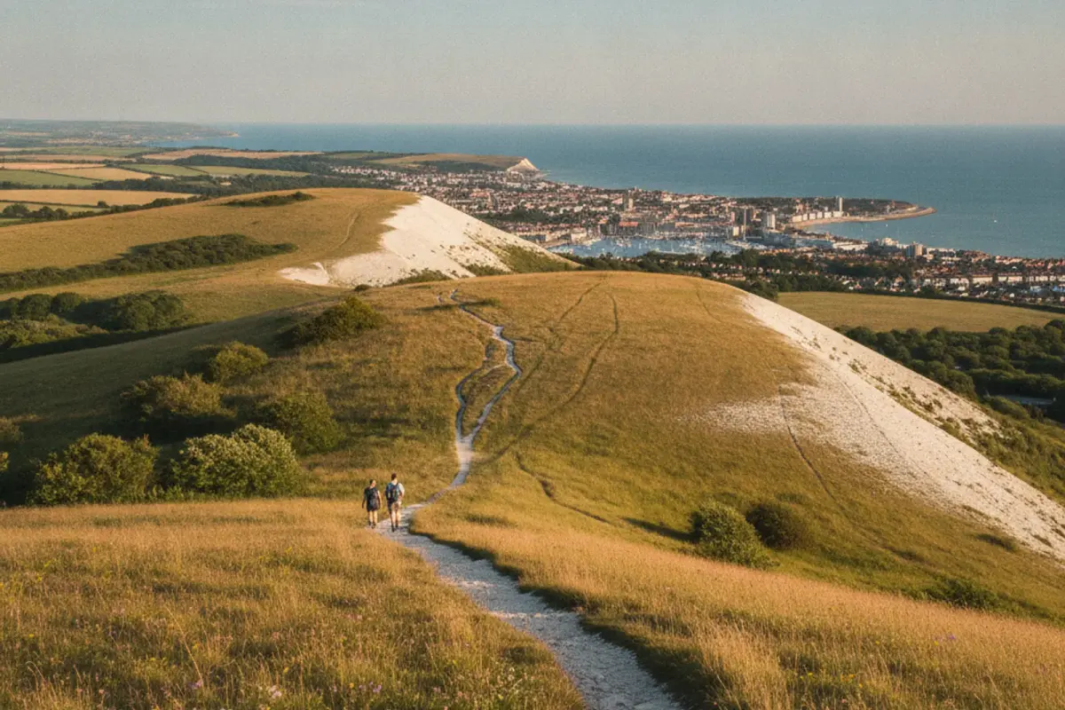 Rolling South Downs chalk hills with walkers on a path