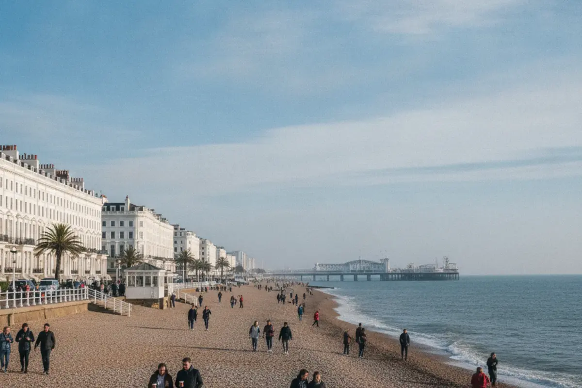 Brighton seafront on a bright morning with Regency terraces, the pebble beach and the pier in the distance