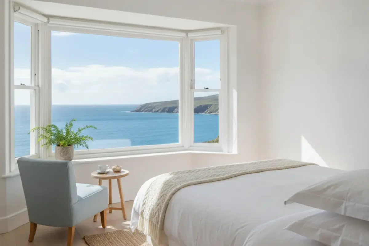 A bright guesthouse bedroom with a bay window looking out to sea