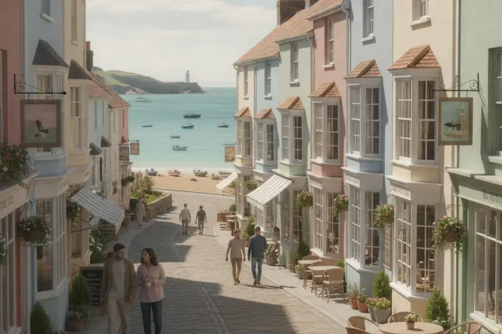 A pastel-painted terraced street of small shops and cafés in a Brighton neighbourhood