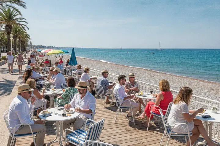 A seaside cafe terrace on a promenade with the pebble beach and sea behind