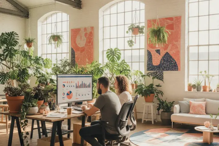 Two people in a bright Brighton studio reviewing website analytics on a large monitor