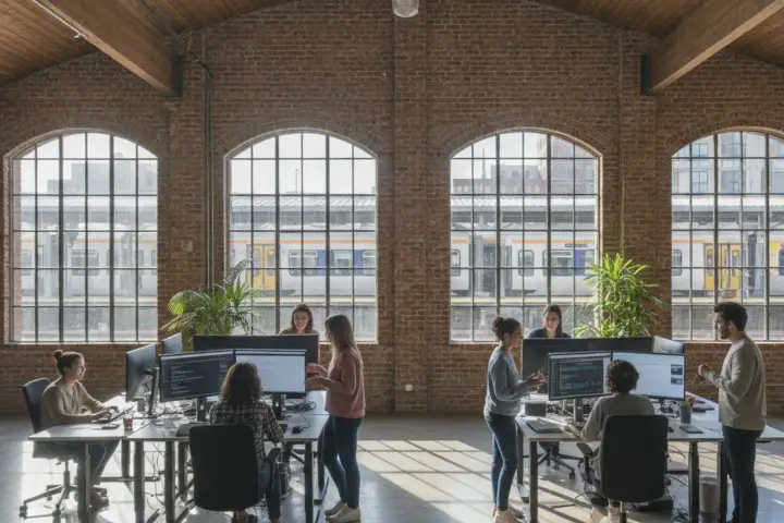 A start-up team working at standing desks in a converted industrial building