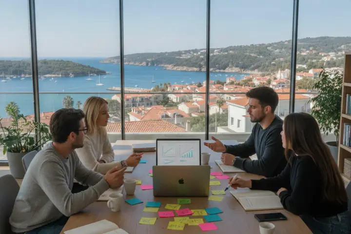 A team planning around a table covered in sticky notes