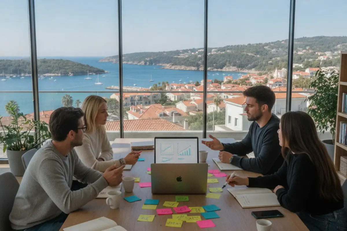 A small team planning around a table covered in sticky notes in a bright studio